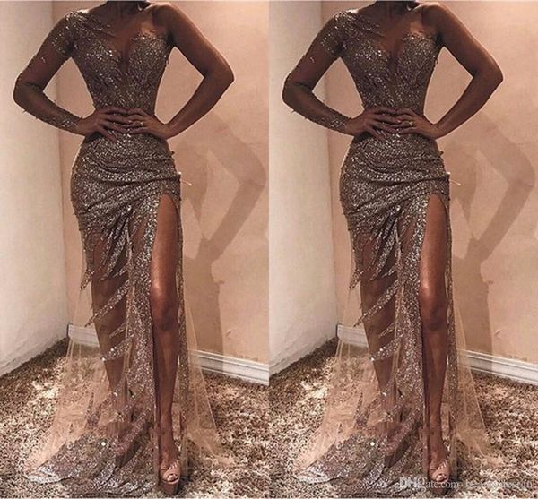 sliver full sequins mermaid long prom dresses with front slit tull one-shoulder tulle formal event evening dresses, Black
sliver full sequins mermaid long prom dresses with front slit tull one-shoulder tulle formal event evening dresses, Black