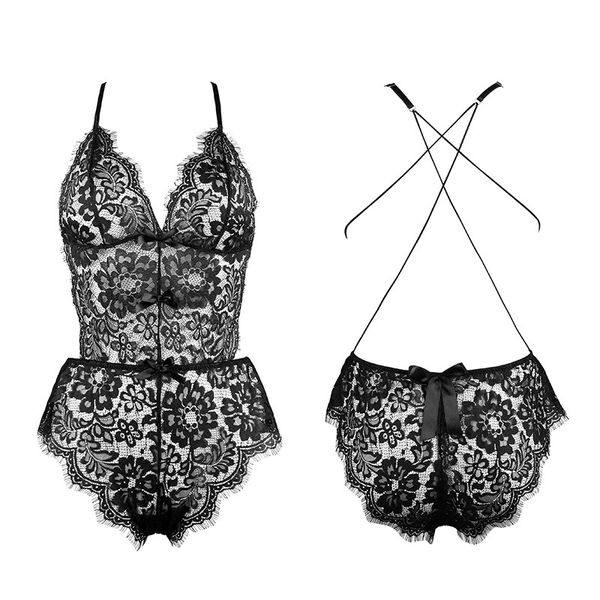 women one piece lingerie backless eyelash lace buckle deep v-neck open crotch temptation bodysuit, Black;white
women one piece lingerie backless eyelash lace buckle deep v-neck open crotch temptation bodysuit, Black;white