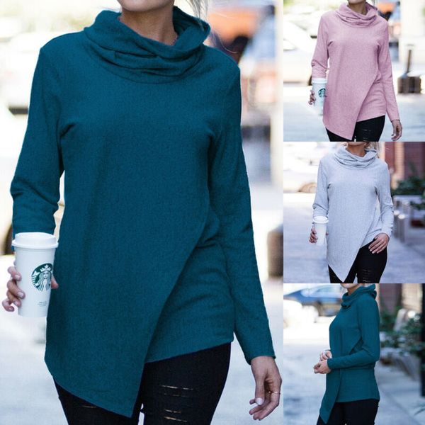 

women casual long sleeve turtleneck jumper pullover t shirt s-3xl plus size, Black