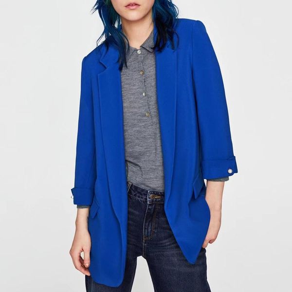 women basic notched collar solid blue blazer beading pearl pockets female retro casual outwear chic, White;black
women basic notched collar solid blue blazer beading pearl pockets female retro casual outwear chic, White;black