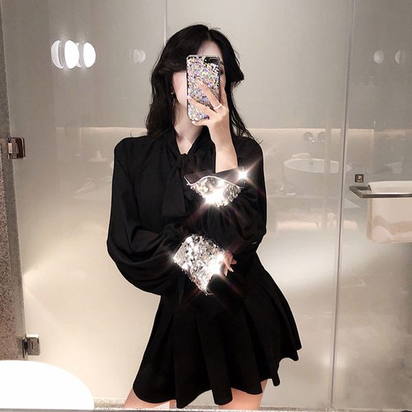 vintage new spring korean women's clothing fashion waist temperament office chic bow black sequin long sleeve blouses shirts, White
vintage new spring korean women's clothing fashion waist temperament office chic bow black sequin long sleeve blouses shirts, White