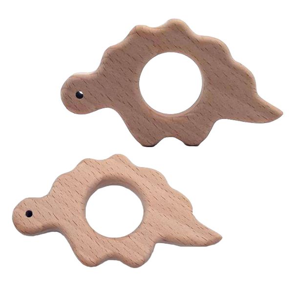 200pcs Natural Beech Wooden Dinosaur Shape Teether Rings Infant Wooden Teether Animals Baby Soothing Pain Relief Toys