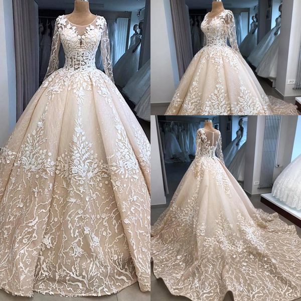 

2019 vintage champagne 3d lace a line wedding dresses jewel neck see sheer long sleeves plus size bridal gowns sweep train bc2033