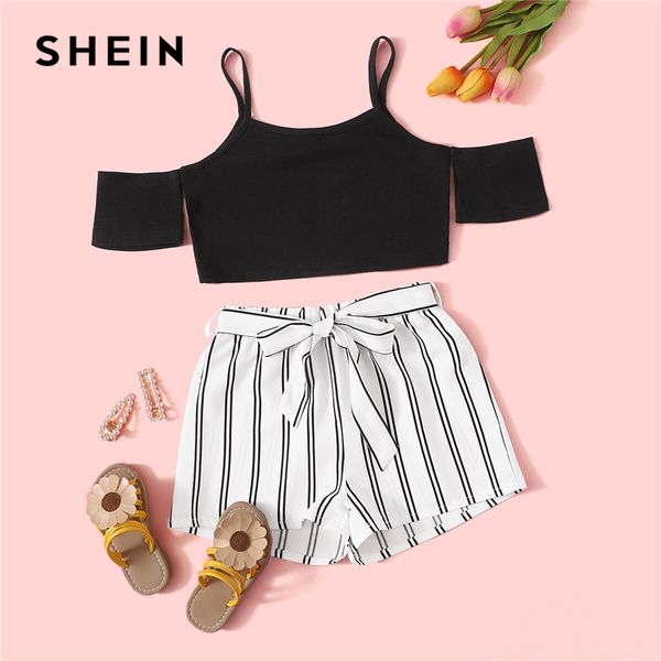 

shein kiddie girls cold shoulder crop blouse and striped belted shorts boho set 2019 summer short sleeve wide leg kids outfits, White