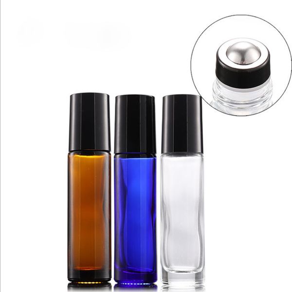 Image of Transparent Brown Blue 10ml Roller Ball Bottle Perfume Black Steel Ball Roll On Container with Black Lids
