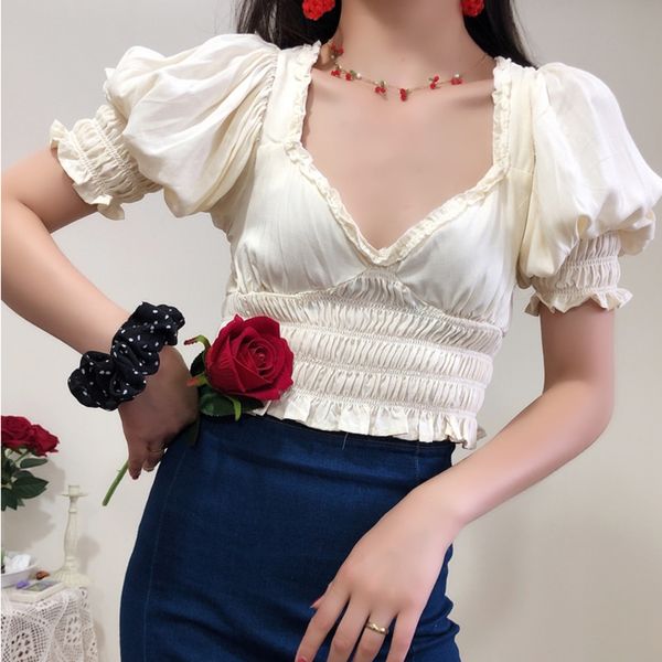 v neck puff sleeve women blouses stringy selvedge high waist short lace back strap bow shirts 2020 summer top, White
v neck puff sleeve women blouses stringy selvedge high waist short lace back strap bow shirts 2020 summer top, White