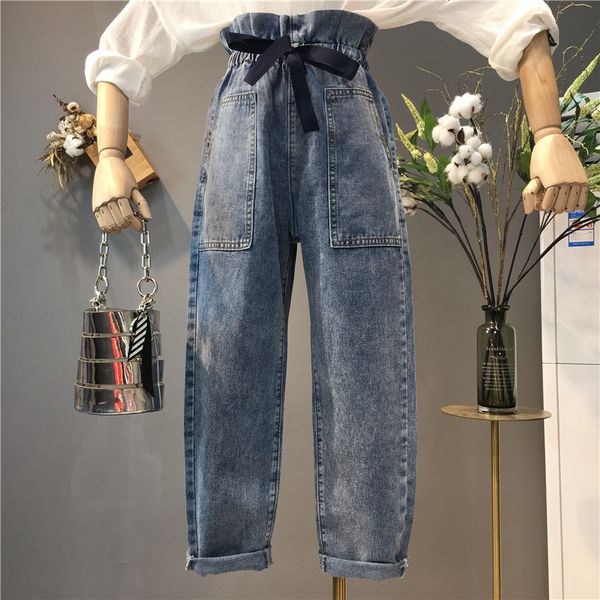 2019 new spring and autumn women's high waist lace-up jeans haren pants student female casual loose denim trousers, Blue
2019 new spring and autumn women's high waist lace-up jeans haren pants student female casual loose denim trousers, Blue