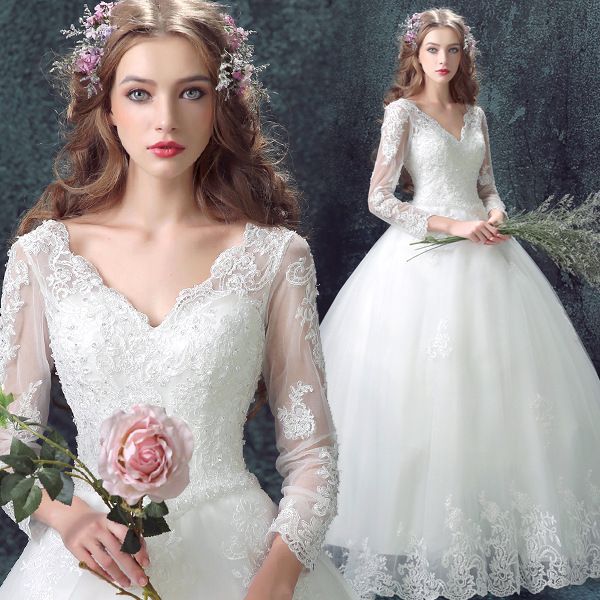 ball gown v neck tulle wedding dresses with lace appliques 2020 3/4 long sleeves bride dress, White
ball gown v neck tulle wedding dresses with lace appliques 2020 3/4 long sleeves bride dress, White