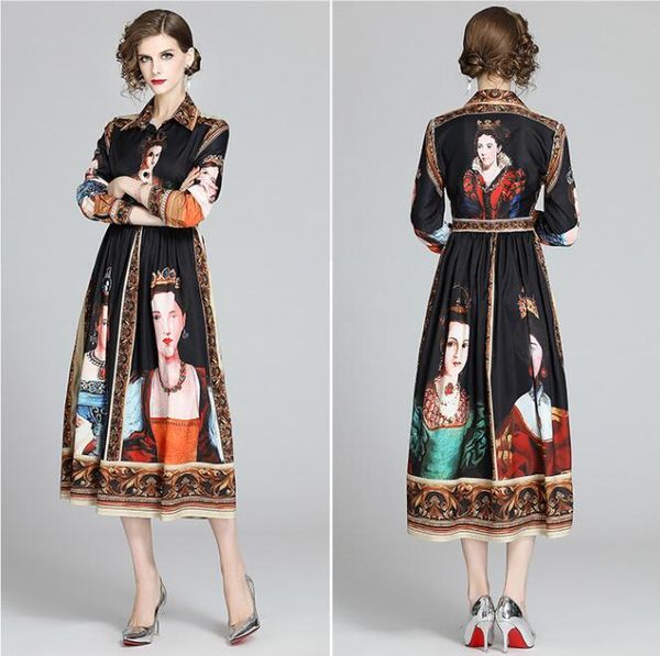 spring 2020 new european and american women's polo single breasted long sleeve waistband big swing long skirt retro printed dress, Black;pink
spring 2020 new european and american women's polo single breasted long sleeve waistband big swing long skirt retro printed dress, Black;pink