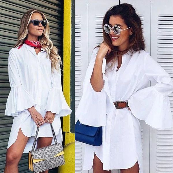 new women white flare sleeve shirt dress summer fashion o neck straight elegant woman bloues casual clothing, Black;gray
new women white flare sleeve shirt dress summer fashion o neck straight elegant woman bloues casual clothing, Black;gray