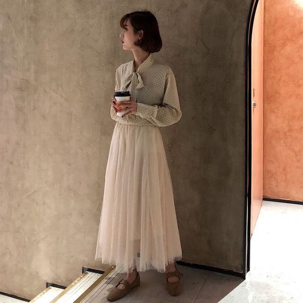 women 2pc sets 2019 new spring long sleeve polka dot shirt&a line mesh tutu skirt sets retro sweet two-piece dress suits outfits, White
women 2pc sets 2019 new spring long sleeve polka dot shirt&a line mesh tutu skirt sets retro sweet two-piece dress suits outfits, White