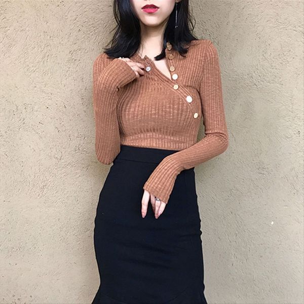 2020 temperament diagonal button solid color long sleeve t- shirt versatile slim base shirt female, White
2020 temperament diagonal button solid color long sleeve t- shirt versatile slim base shirt female, White