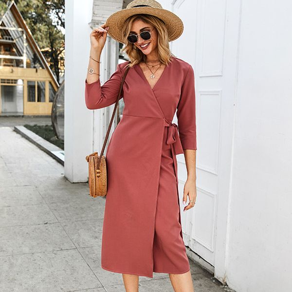 women's dress seven-point sleeve v-neck high waist bathrobe solid color dress, Black;gray
women's dress seven-point sleeve v-neck high waist bathrobe solid color dress, Black;gray