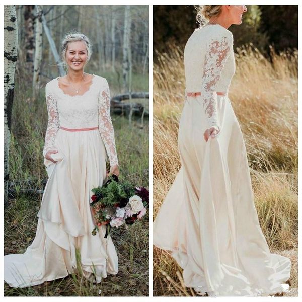 bohemian style 2 pieces wedding dresses long sleeve lace jewel neck a line boho elegant design 2020 bridal gowns custom size, White
bohemian style 2 pieces wedding dresses long sleeve lace jewel neck a line boho elegant design 2020 bridal gowns custom size, White