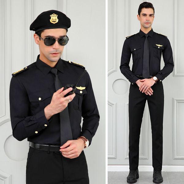 popular brand men pilot slim fit shirts set security uniform overalls male black costume suits mens plus size clothing, White;black
popular brand men pilot slim fit shirts set security uniform overalls male black costume suits mens plus size clothing, White;black