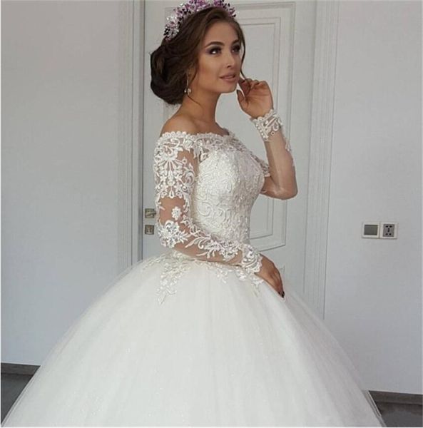 elegant ball gown wedding dresses off the shoulder vestidos de novia modest long sleeve appliqued tulle bride dress, White
elegant ball gown wedding dresses off the shoulder vestidos de novia modest long sleeve appliqued tulle bride dress, White