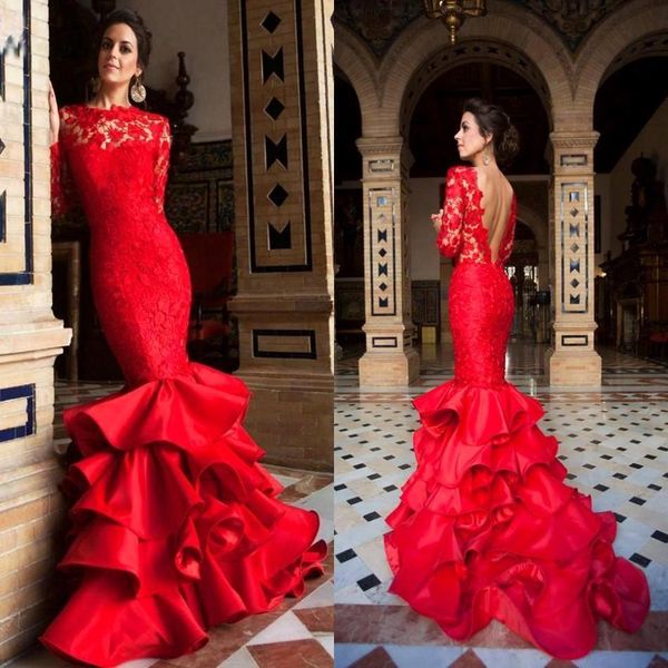 red lace applique mermaid prom dresses 2019 high neck layered skirt illusion long sleeves backless evening dresses party gowns, Black
red lace applique mermaid prom dresses 2019 high neck layered skirt illusion long sleeves backless evening dresses party gowns, Black