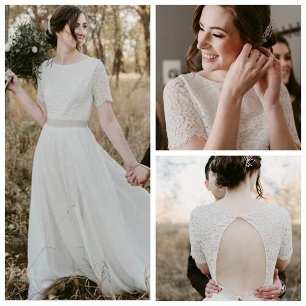 elegant scoop chiffon lace open back wedding dress sash bodice a-line beach style wedding dresses with sleeves bridal gown robes de mariée, White
elegant scoop chiffon lace open back wedding dress sash bodice a-line beach style wedding dresses with sleeves bridal gown robes de mariée, White