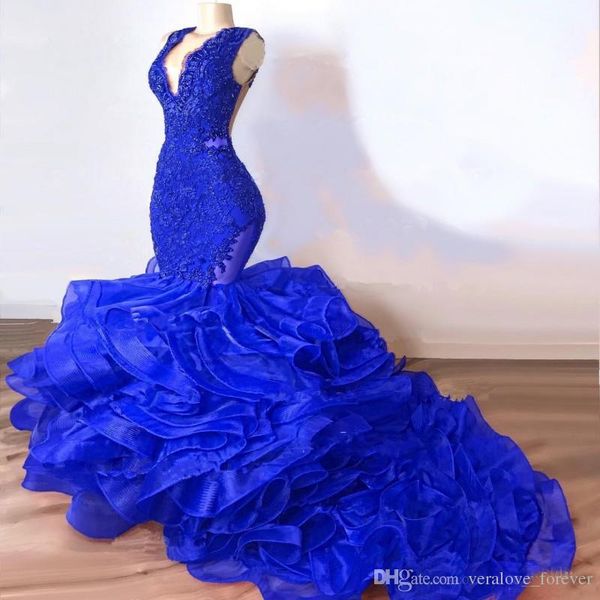 royal blue mermaid prom dresses lace appliques pearls designer girls party gowns tiered skirts sweep train organza formal evening dresses, Black
royal blue mermaid prom dresses lace appliques pearls designer girls party gowns tiered skirts sweep train organza formal evening dresses, Black