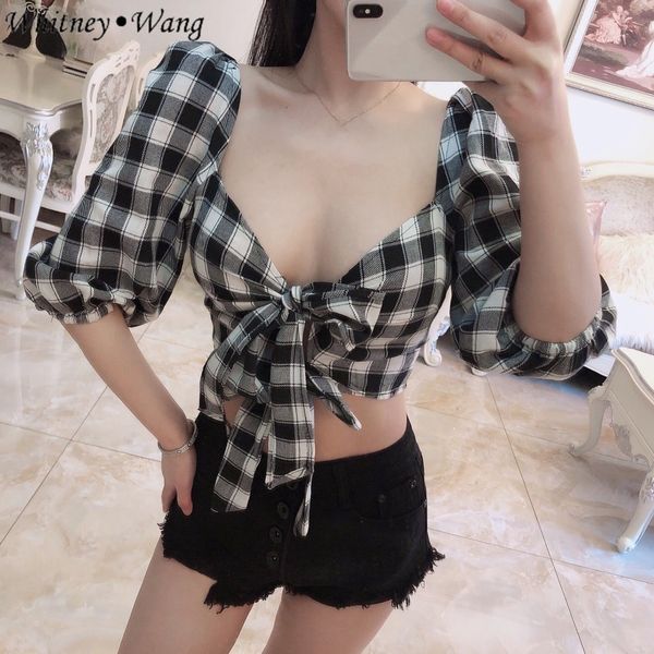 whitney wang 2019 summer fashion streetwear vintage style square collar bow sashes plaid blouse women bluasa shirt, White
whitney wang 2019 summer fashion streetwear vintage style square collar bow sashes plaid blouse women bluasa shirt, White