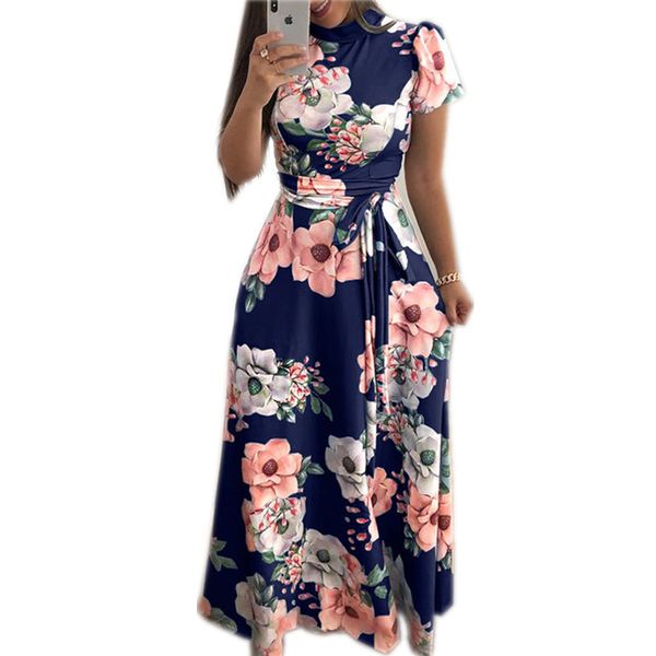 

Women Summer Dress Casual Short Sleeve Long Dress Boho Floral Print Maxi Dress Turtleneck Bandage Elegant Dresses Vestido