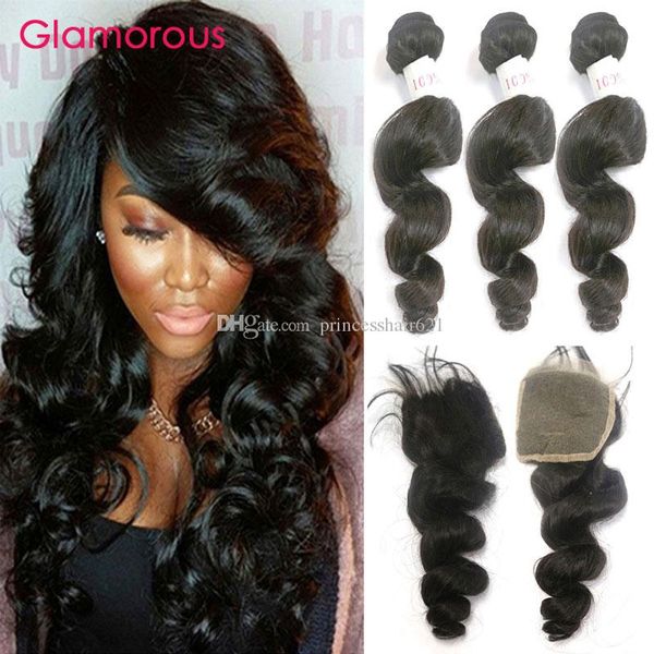 Glamorous Brazilian Hair Weaves with Top Lace Closure 4Pcs/Lot Brazilian Loose Wave Hair Closure with Human Hair Weave Bundles Free Shipping