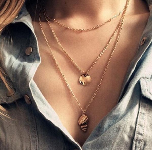 

exquisite bar pendant sequins chain wind metal geometry wafer conch hanging fashion multilayer necklace in beach of europe and america, Silver