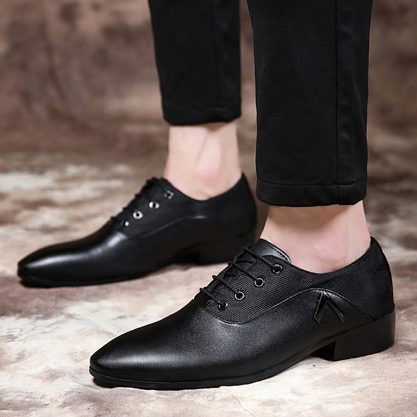 shoes mens leather business wedding dress shoes men lace up pointed toe flats large size low oxfords, Black