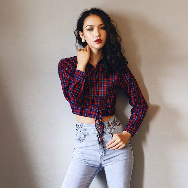 women's blouses & shirts women plaid crop shirt with drawstring hem pretty waist checked, White
women's blouses & shirts women plaid crop shirt with drawstring hem pretty waist checked, White