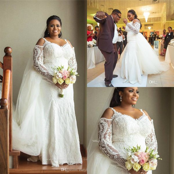 2020 african luxury long sleeves plus size wedding dress lace appliqued detachable train mermaid wedding gowns sheer jewel neck bridal, White
2020 african luxury long sleeves plus size wedding dress lace appliqued detachable train mermaid wedding gowns sheer jewel neck bridal, White