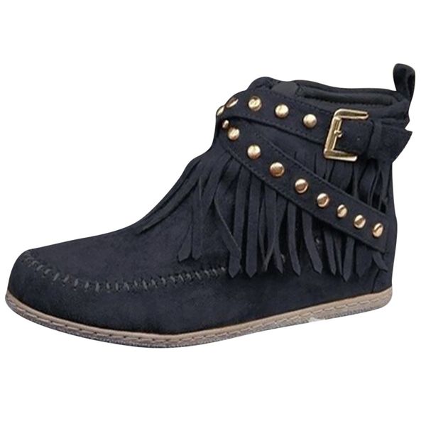 

tassel boots for women retro fashion 2019 new ladies british style boots short tube frosted tassel botas mujer, Black