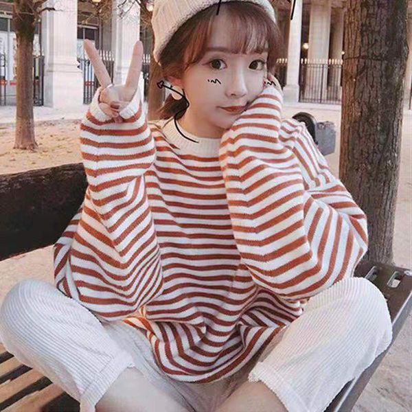 women autumn spring striped print loose sweater fashion casual round collar casual sweaters, White;black
women autumn spring striped print loose sweater fashion casual round collar casual sweaters, White;black