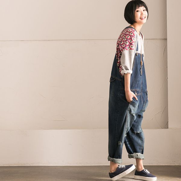 2020 female new spring personality loose plus size big hole one piece suspenders denim harem pants, Blue
2020 female new spring personality loose plus size big hole one piece suspenders denim harem pants, Blue