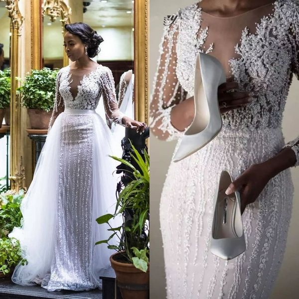 2020 new african lace long sleeves mermaid wedding dress with detachable train 2020 illusion tulle applique beaded wedding bridal gowns, White
2020 new african lace long sleeves mermaid wedding dress with detachable train 2020 illusion tulle applique beaded wedding bridal gowns, White