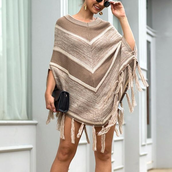 european weave tassel women winter knitted cloak sweater coat irregular striped patchwork partywear sweters women invierno 2019, Black
european weave tassel women winter knitted cloak sweater coat irregular striped patchwork partywear sweters women invierno 2019, Black