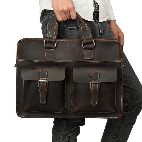 

joyir 2018 vintage men's cow genuine leather briefcase crazy horse leather messenger bag male lapbag men business travel