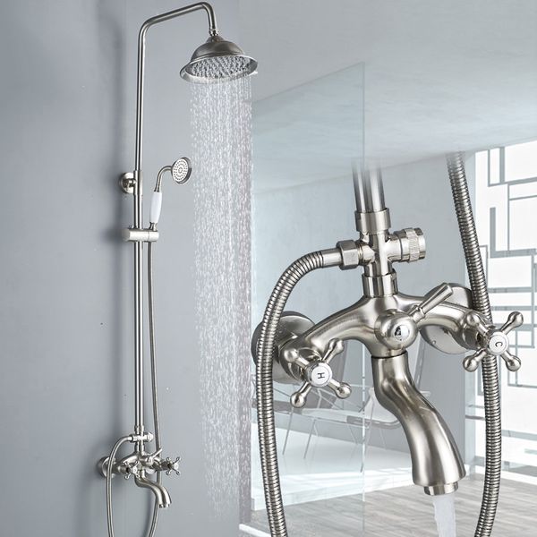 bathroom 2 knobs cold and mixer shower combo set 8-inch round rainfall shower head + handheld spray brushed nickel
bathroom 2 knobs cold and mixer shower combo set 8-inch round rainfall shower head + handheld spray brushed nickel