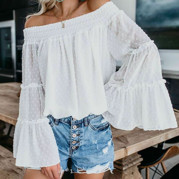 women autumn new off shoulder long flare sleeve casual and loose ultrathin polka dot kaftan ladies baggy tee shirt t-shirts, White
women autumn new off shoulder long flare sleeve casual and loose ultrathin polka dot kaftan ladies baggy tee shirt t-shirts, White