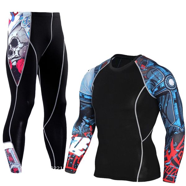 

men's compression run jogging suits clothes sports set long t shirt and pants gym fitness workout tights clothing 2pcs/sets mma, Black;blue