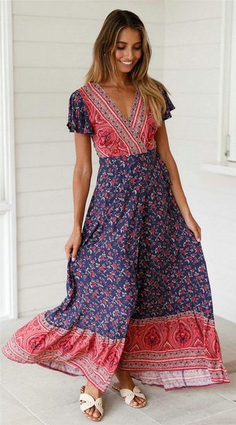 

Summer Flora Printed Female Dress Women V Neck Panelled Dresses Sexy Ladies Holidays Dresses with Split