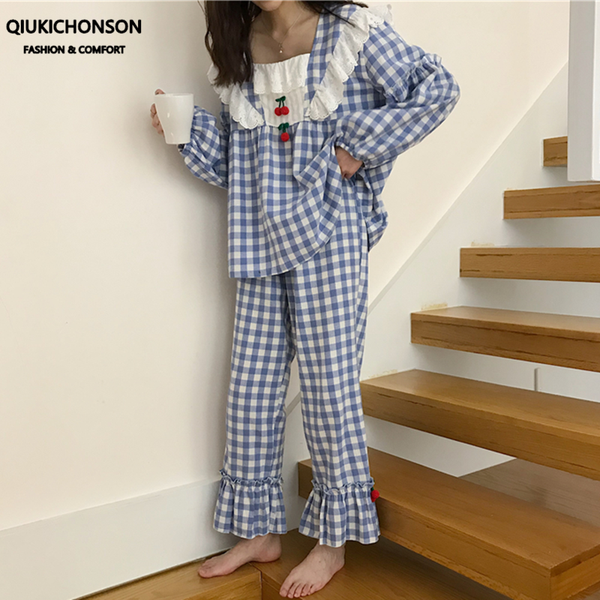 kawaii soft girls princess cherry applique lace patchwork frilly plaid pajamas and pants sets for women sleepwear pyjama set, Black;red
kawaii soft girls princess cherry applique lace patchwork frilly plaid pajamas and pants sets for women sleepwear pyjama set, Black;red
