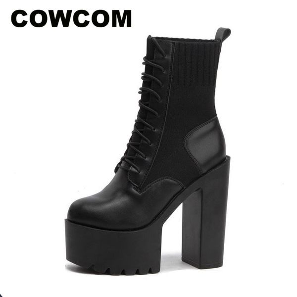 cowcom women platfrom super high square heels boots high thick heel waterproof platform lace up heel short boots, Black
