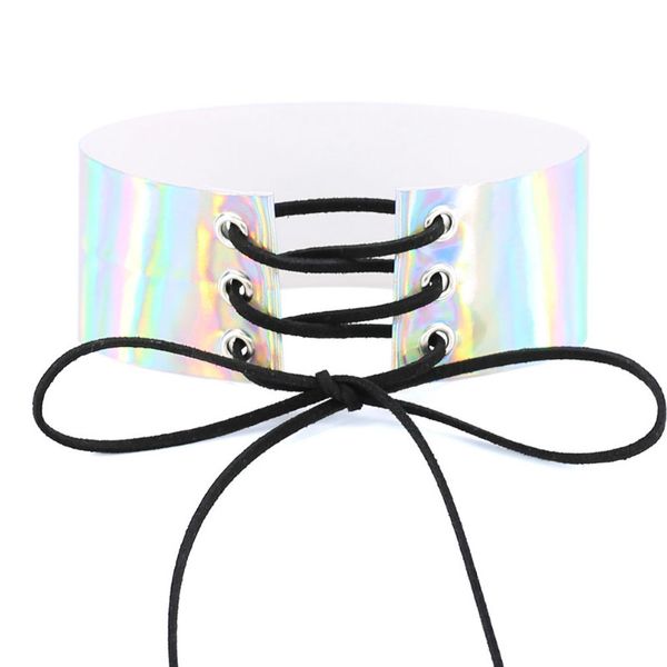 bandage pu leather choker necklace gift for women holographic metal and circle adjustable laser collar chocker fashion jewelry, Silver
bandage pu leather choker necklace gift for women holographic metal and circle adjustable laser collar chocker fashion jewelry, Silver