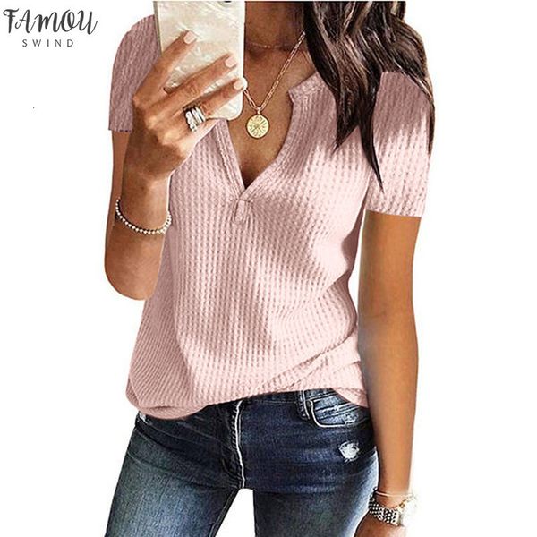 female casual split v neck waffle knit pullover loose fashion womens summer short sleeve t shirt poleras de mujer moda, White
female casual split v neck waffle knit pullover loose fashion womens summer short sleeve t shirt poleras de mujer moda, White