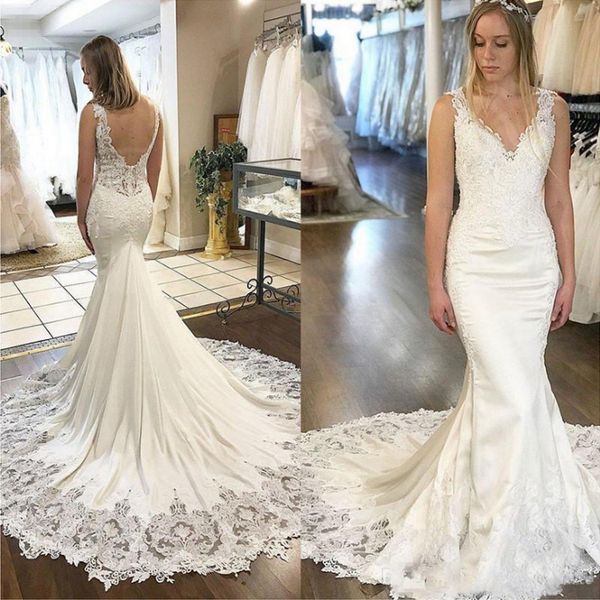 2019 gorgeous ivory mermaid wedding dresses v neck straps lace applique satin sweep train boho beach wedding gowns plus size, White
2019 gorgeous ivory mermaid wedding dresses v neck straps lace applique satin sweep train boho beach wedding gowns plus size, White