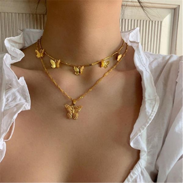 2 pcs/set gold color women fashion butterfly pendant double layer necklace statement choker necklace for women jewelry gifts, Silver
2 pcs/set gold color women fashion butterfly pendant double layer necklace statement choker necklace for women jewelry gifts, Silver