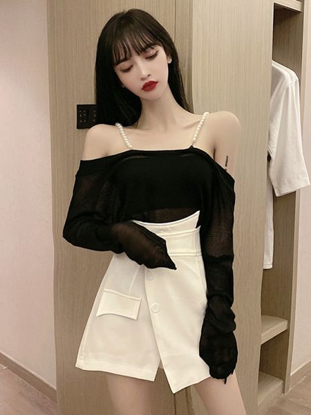 net red suit womens off-shoulder pearl strap thin sunscreen knitted blouse high waist irregular suit skirt, White;black
net red suit womens off-shoulder pearl strap thin sunscreen knitted blouse high waist irregular suit skirt, White;black