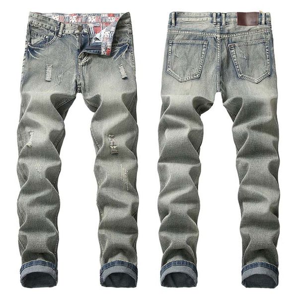 men casual jeans denim pants straight knees holes vintage nostalgic regular trousers, Blue
men casual jeans denim pants straight knees holes vintage nostalgic regular trousers, Blue