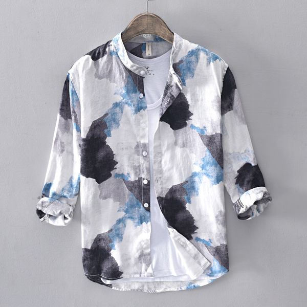 100%pure linen print shirt man casual three quarter sleeve fashion loose men's clothing y2936, White;black
100%pure linen print shirt man casual three quarter sleeve fashion loose men's clothing y2936, White;black