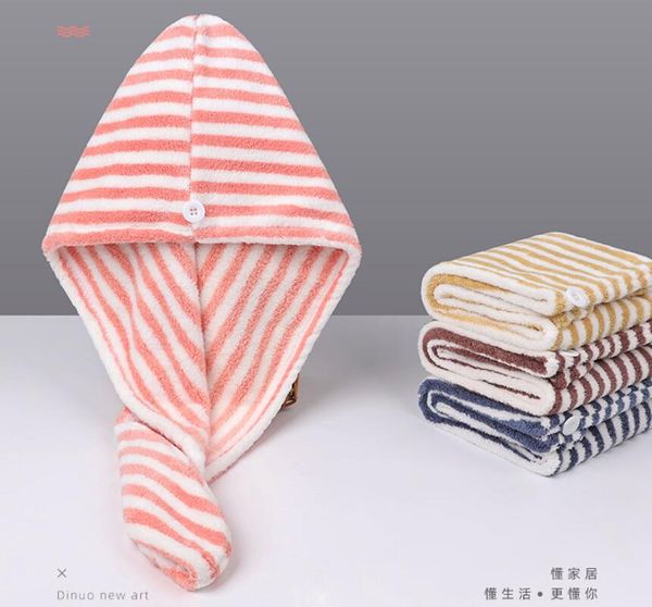 towel striped dry hair wrap absorbent drying cap with button soft hat 
towel striped dry hair wrap absorbent drying cap with button soft hat
